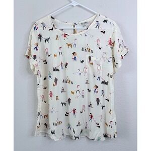 Emma & Olivia Dog Print Blouse Top SzL Ivory Novelty Dog Lover Whimsical Cute